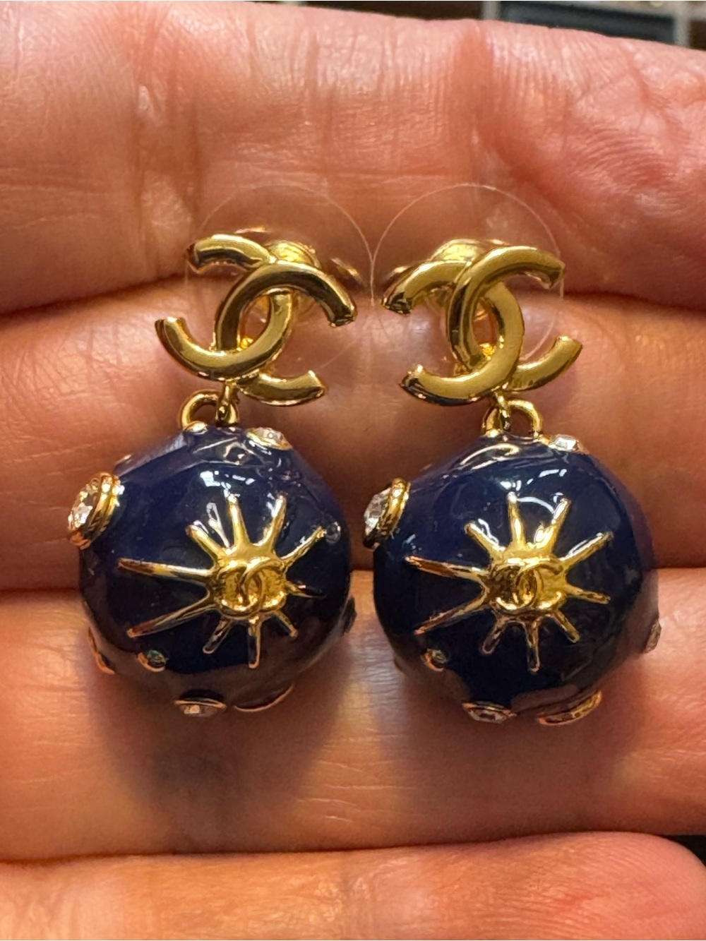 CHANEL Gold-Tone Navy Enamel Sunburst Drop Earrings